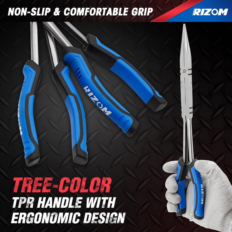 Rizom 3-Piece Long Reach Pliers Set, 13 Inch Double Jointed Long Needle Nose Pliers, 11 Inch 45° & 90° Bent Nose Pliers for Narrow Spaces and Limited Areas - Image 5